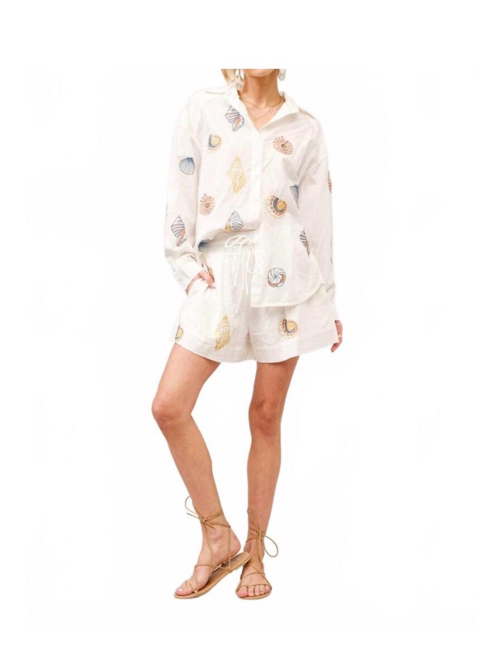 NWT Sz M Blue B Seashell Embroidered Linen Cotton Shirt Shorts Set Coastal